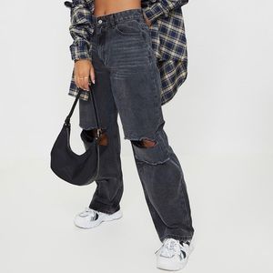 PLT Washed Black Baggy Ripped Low Rise Boyfriend Jean